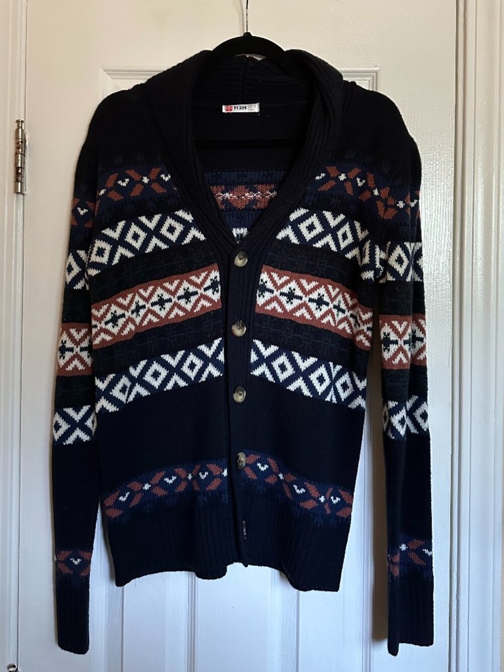 H2H - Men’s Navy Slim Fit Patterned Knit Cardigan Sweater Fall Winter Medium